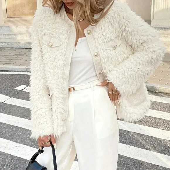 Beige Casual Women's Long Sleeve Faux Fur Crew Neck Tweed Coat - Picture 4 of 6